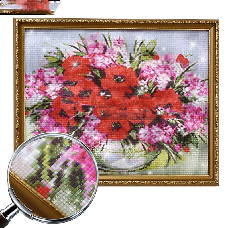 Red and Pink Flowers in Vase Diamond Art