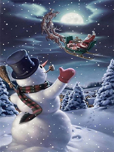 Snowman Waving at Santa Christmas Diamond Art